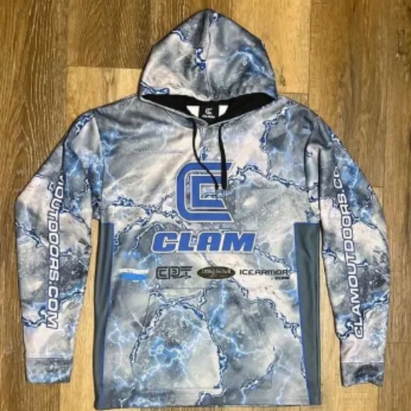 Clam Pro Icearmour Fishing Hoodie Sweatshirt Mens Medium Blue White Outdoorsman - Picture 1 of 9